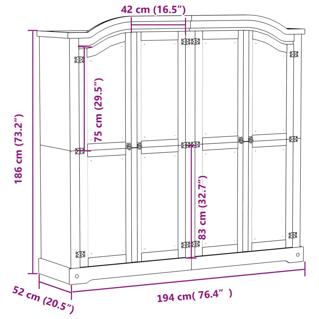 vidaXL Szafa Corona, 194x52x186 cm, lite drewno sosnowe