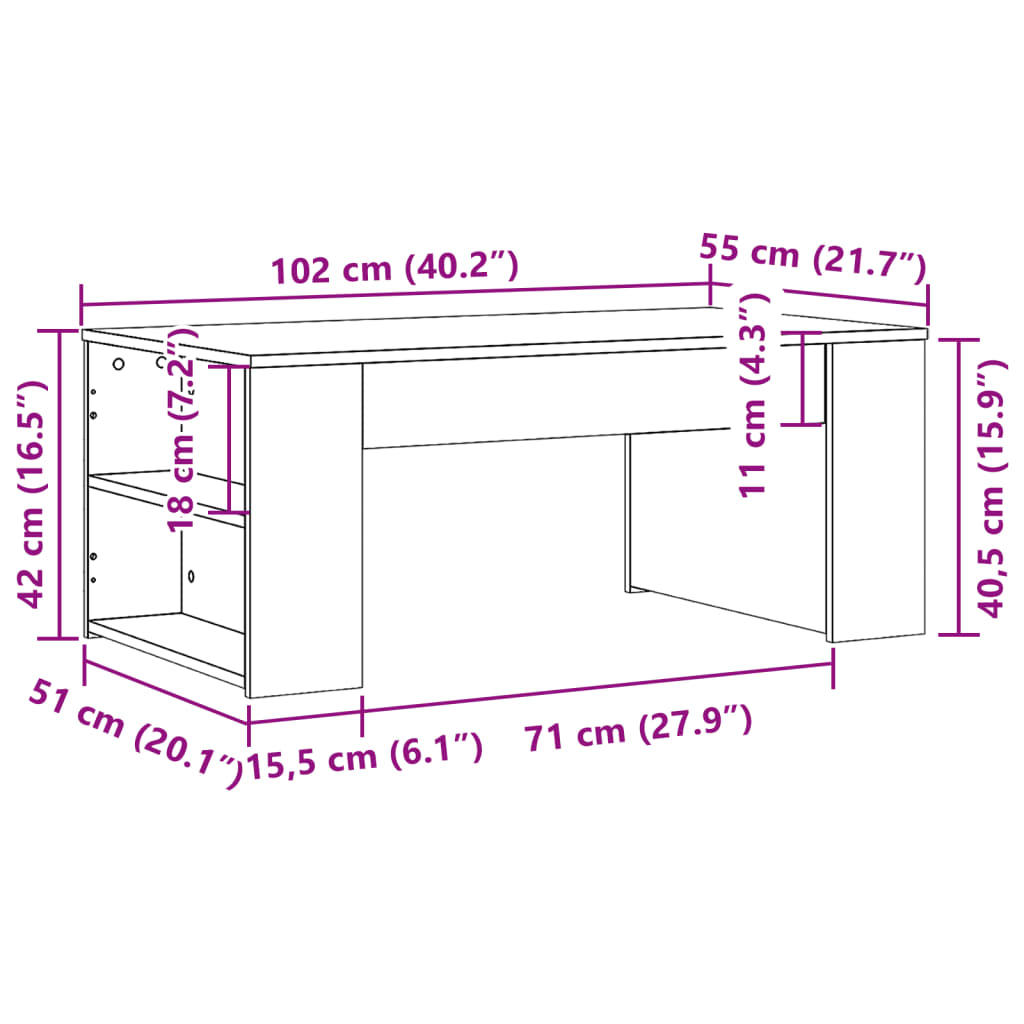vidaXL Stolik kawowy, dąb sonoma, 102x55x42, materiał drewnopochodny