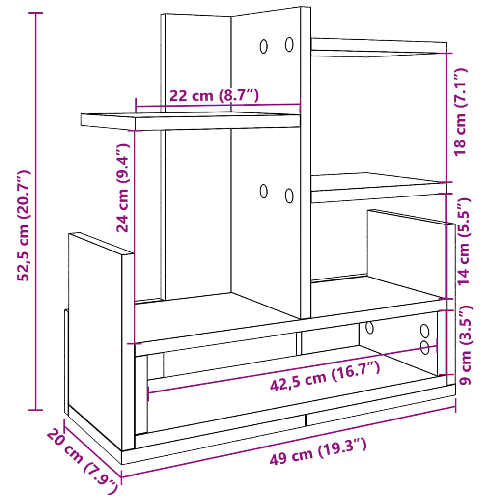 vidaXL Organizer na biurko, szary dąb sonoma, 49x20x52,5 cm