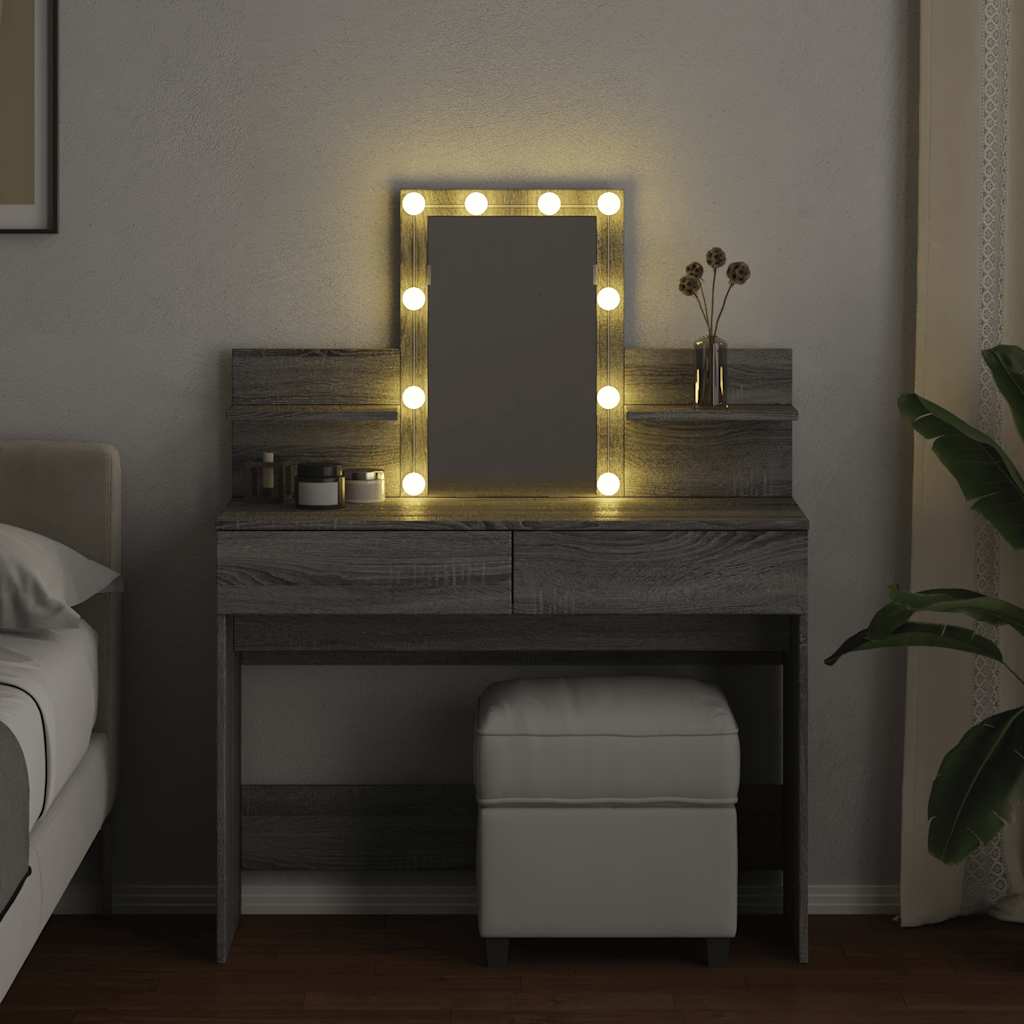 vidaXL Toaletka z oświetleniem LED, szary dąb sonoma, 100x40x130 cm