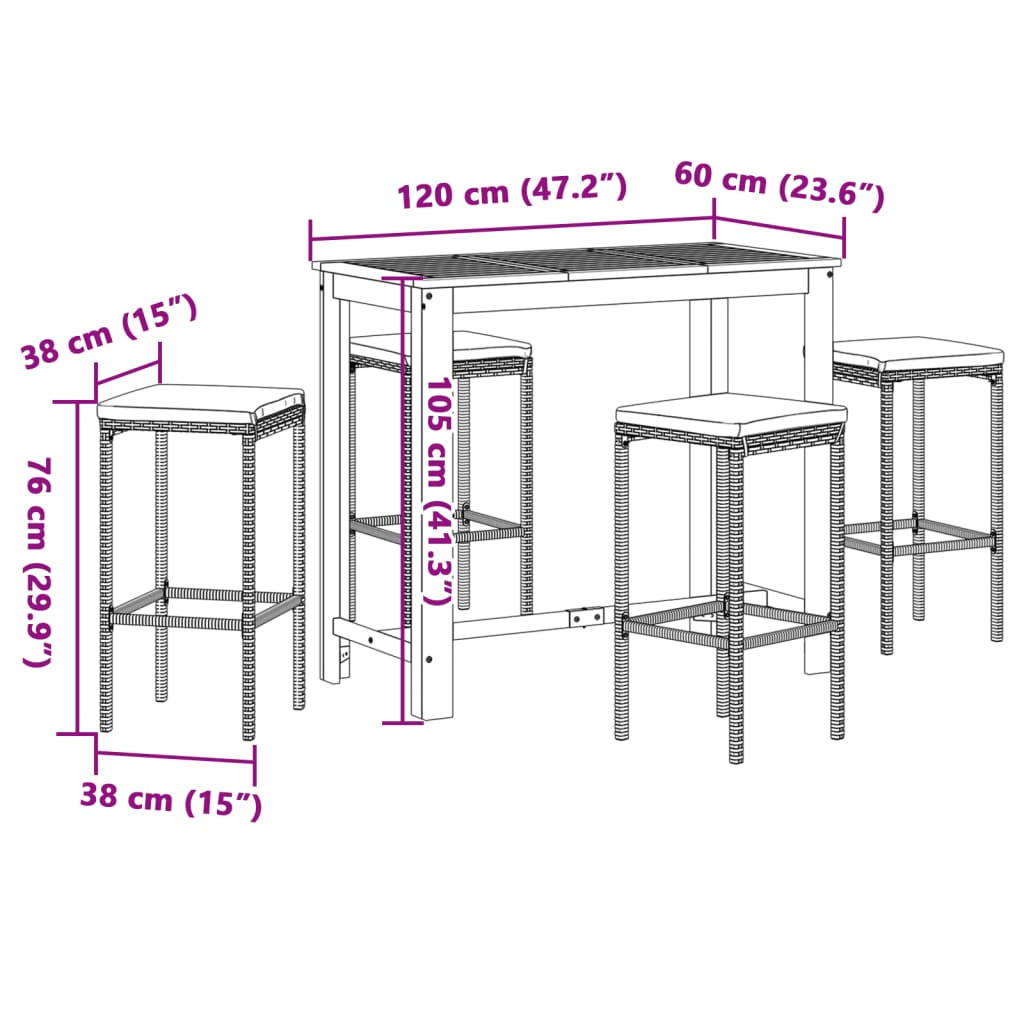 vidaXL 5-cz. zestaw mebli barowych do ogrodu, brąz, akacja i rattan PE