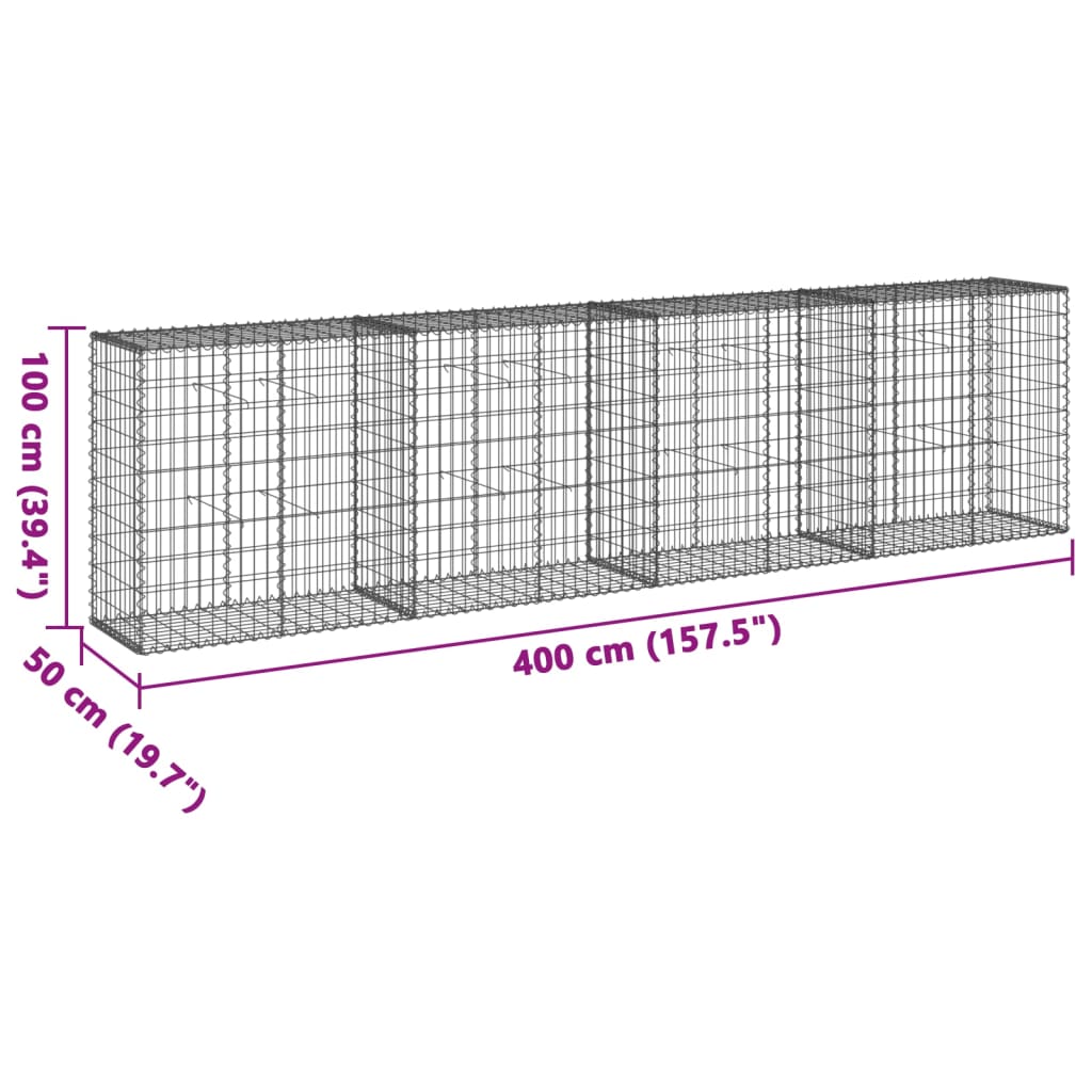 vidaXL Kosz gabionowy z pokrywą, 400x50x100 cm, galwanizowane żelazo