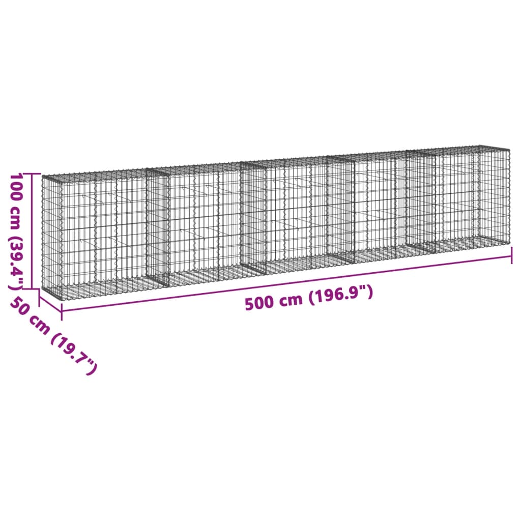 vidaXL Kosz gabionowy z pokrywą, 500x50x100 cm, galwanizowane żelazo