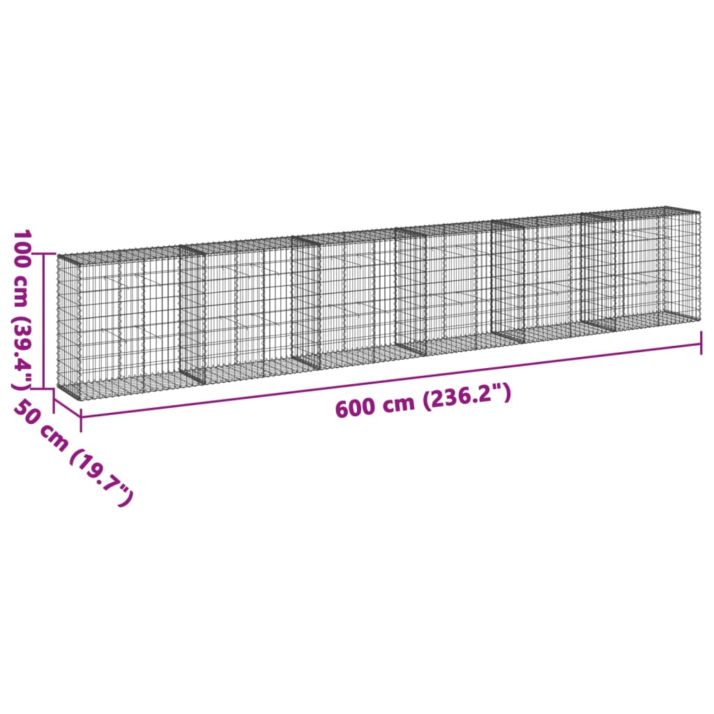 vidaXL Kosz gabionowy z pokrywą, 600x50x100 cm, galwanizowane żelazo