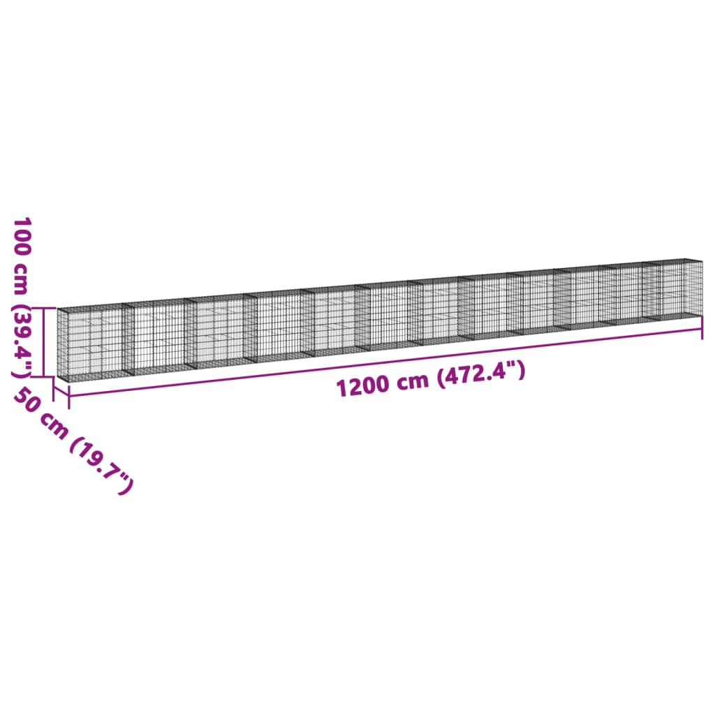 vidaXL Kosz gabionowy z pokrywą, 1200x50x100 cm, galwanizowane żelazo