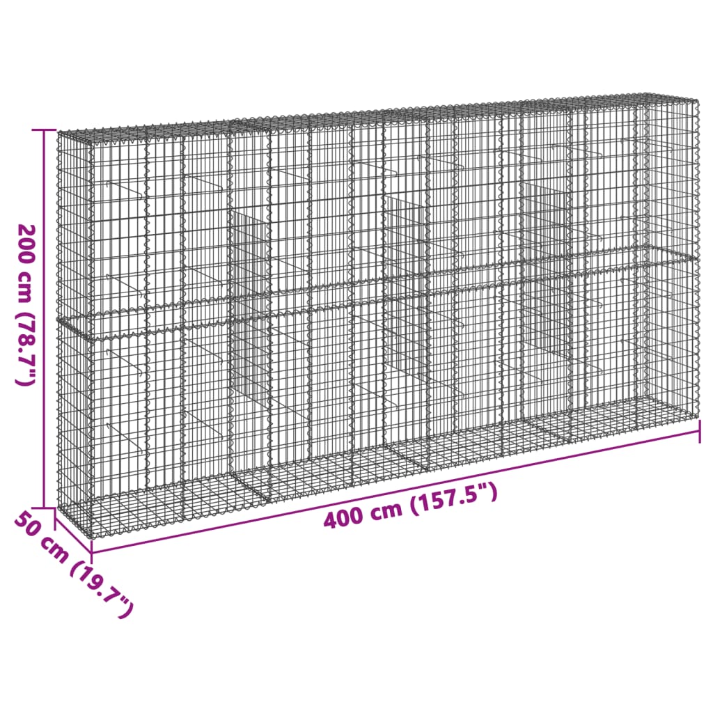vidaXL Kosz gabionowy z pokrywą, 400x50x200 cm, galwanizowane żelazo