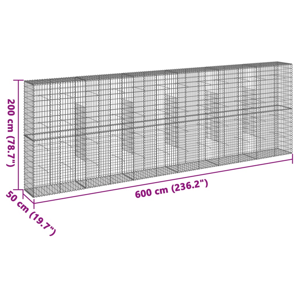 vidaXL Kosz gabionowy z pokrywą, 600x50x200 cm, galwanizowane żelazo