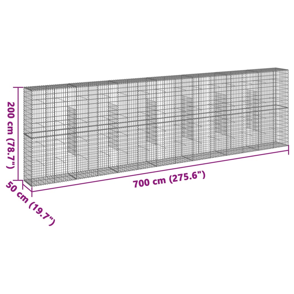 vidaXL Kosz gabionowy z pokrywą, 700x50x200 cm, galwanizowane żelazo
