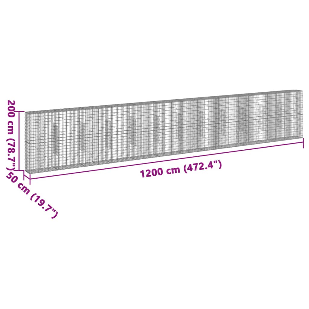 vidaXL Kosz gabionowy z pokrywą, 1200x50x200 cm, galwanizowane żelazo