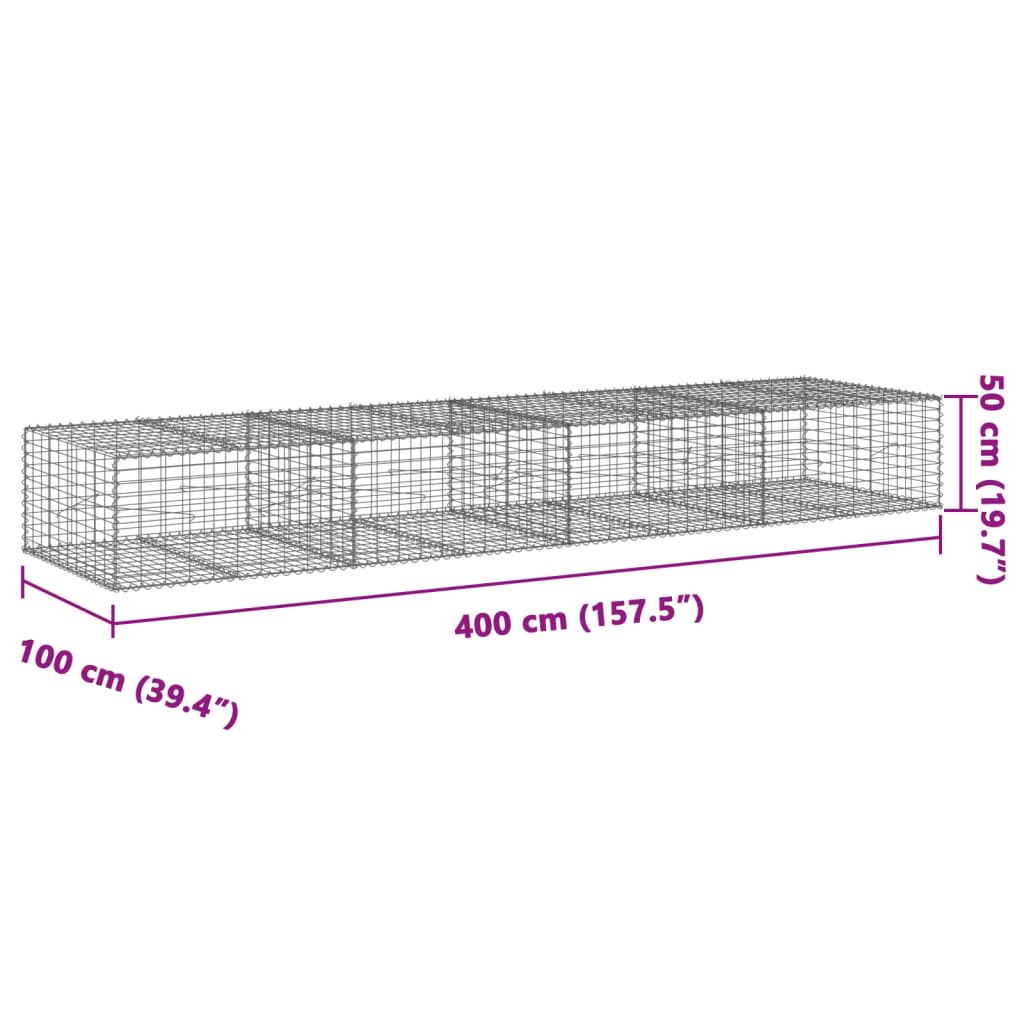 vidaXL Kosz gabionowy z pokrywą, 400x100x50 cm, galwanizowane żelazo