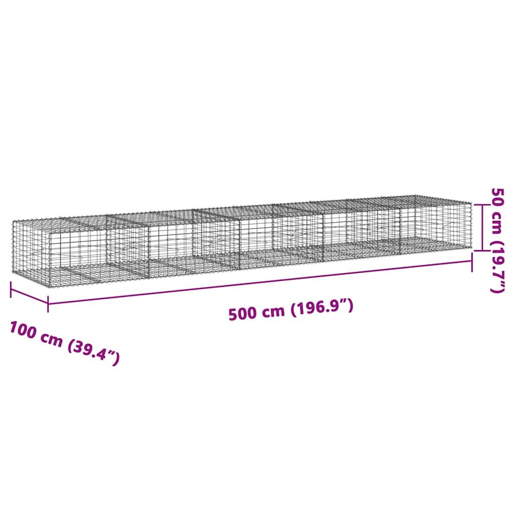 vidaXL Kosz gabionowy z pokrywą, 500x100x50 cm, galwanizowane żelazo