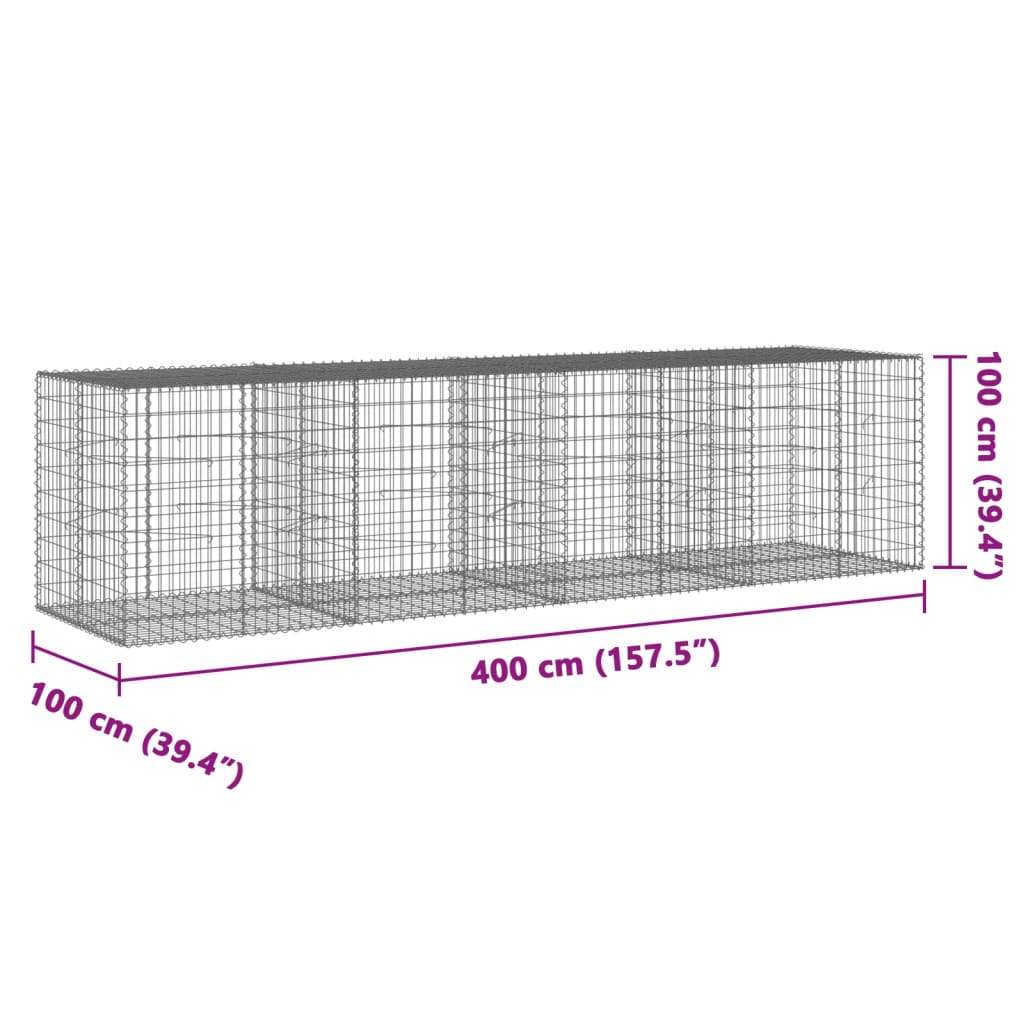 vidaXL Kosz gabionowy z pokrywą, 400x100x100 cm, galwanizowane żelazo
