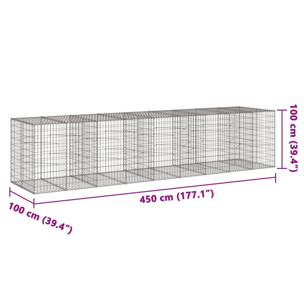 vidaXL Kosz gabionowy z pokrywą, 450x100x100 cm, galwanizowane żelazo