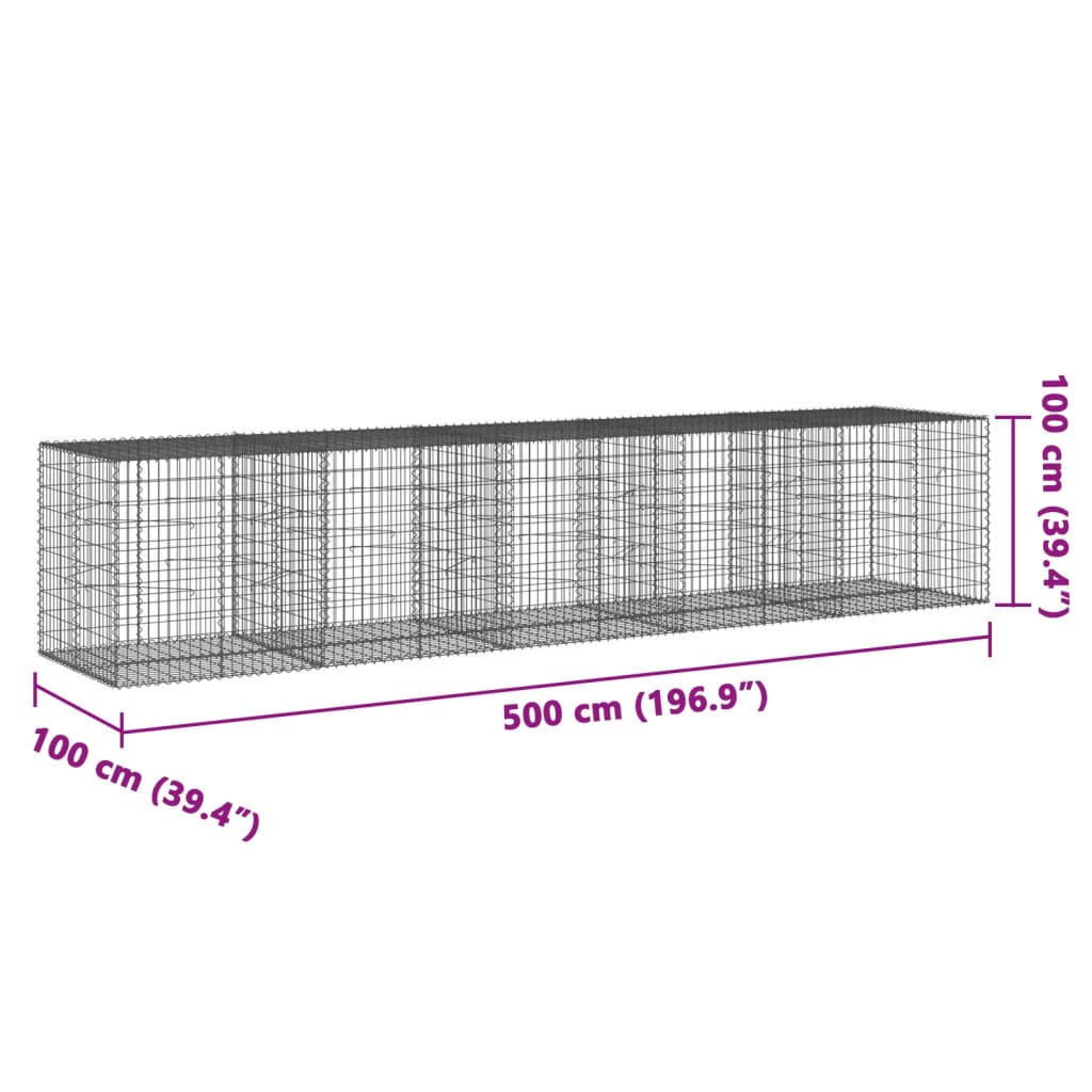 vidaXL Kosz gabionowy z pokrywą, 500x100x100 cm, galwanizowane żelazo