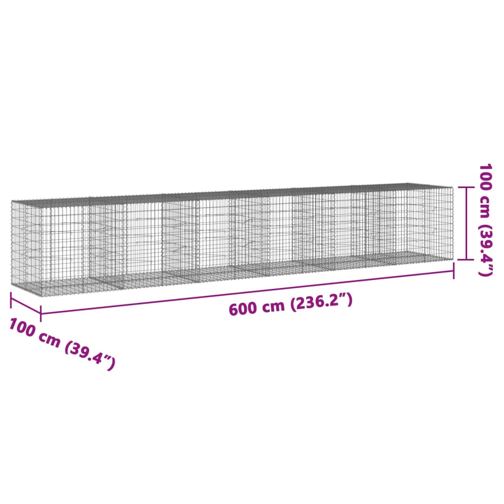 vidaXL Kosz gabionowy z pokrywą, 600x100x100 cm, galwanizowane żelazo
