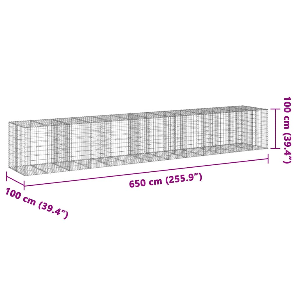 vidaXL Kosz gabionowy z pokrywą, 650x100x100 cm, galwanizowane żelazo