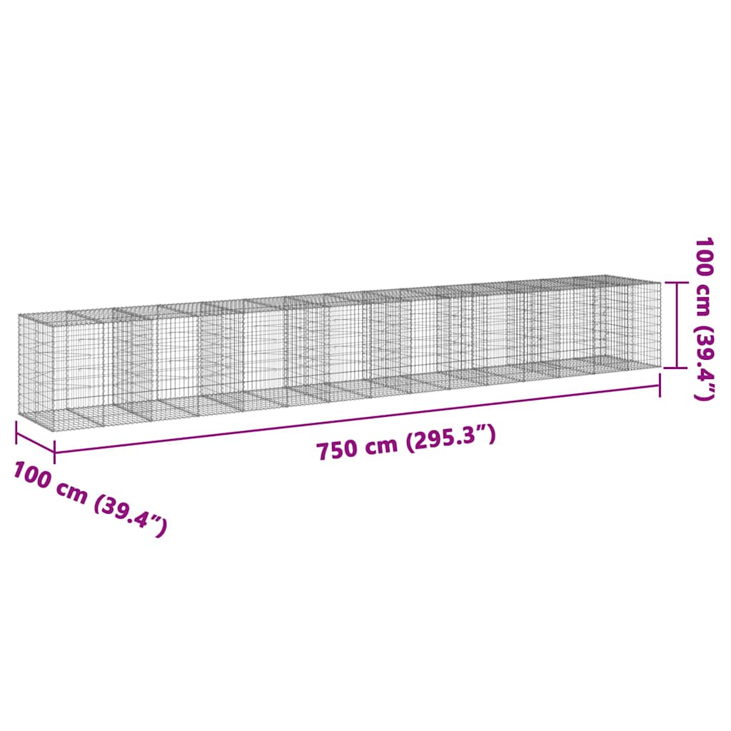 vidaXL Kosz gabionowy z pokrywą, 750x100x100 cm, galwanizowane żelazo
