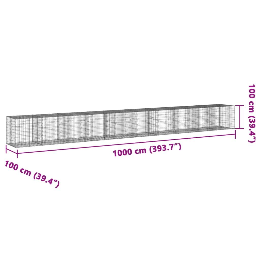 vidaXL Kosz gabionowy z pokrywą, 1000x100x100 cm, galwanizowane żelazo