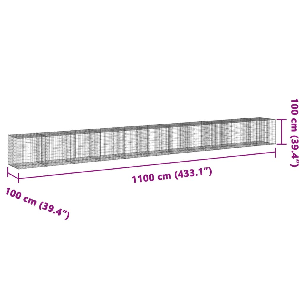 vidaXL Kosz gabionowy z pokrywą, 1100x100x100 cm, galwanizowane żelazo