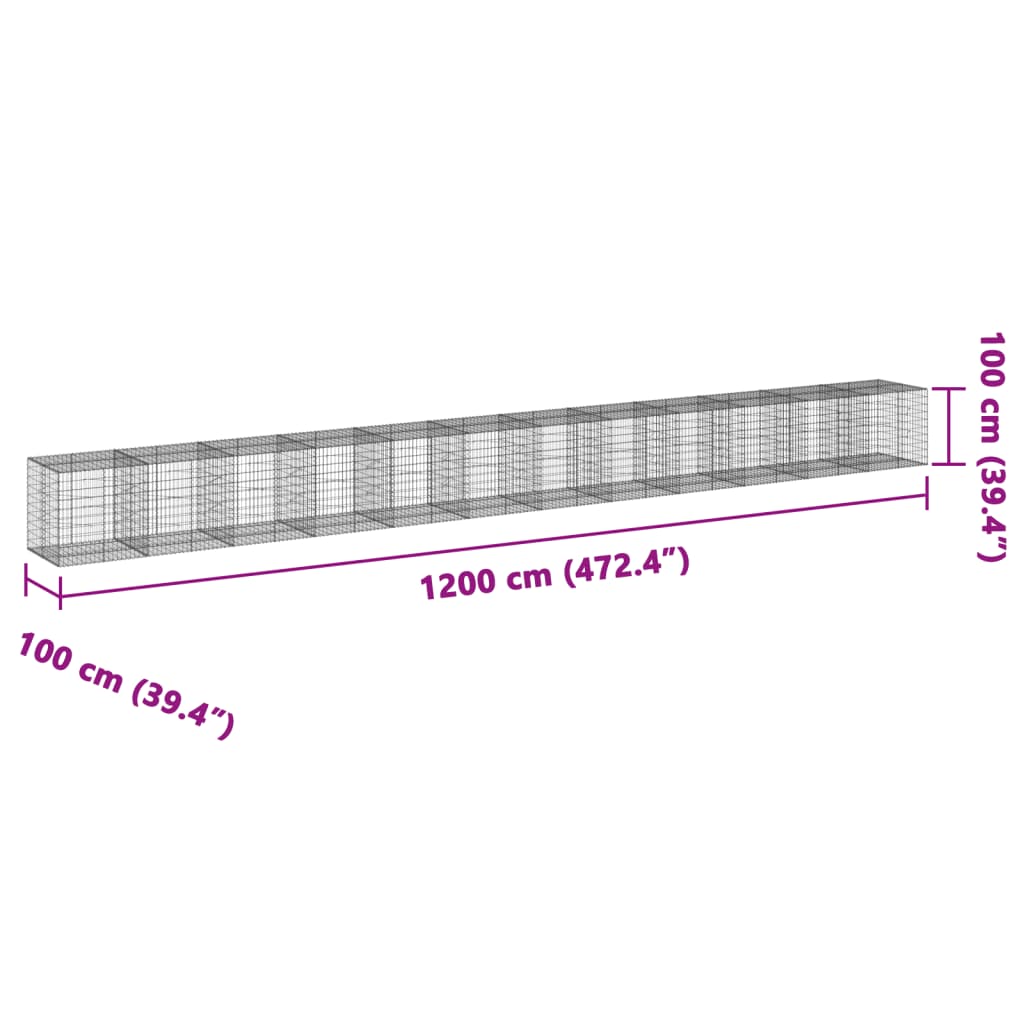 vidaXL Kosz gabionowy z pokrywą, 1200x100x100 cm, galwanizowane żelazo