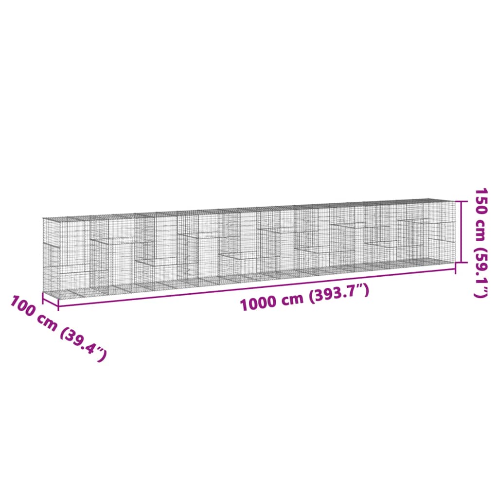 vidaXL Kosz gabionowy z pokrywą, 1000x100x150 cm, galwanizowane żelazo