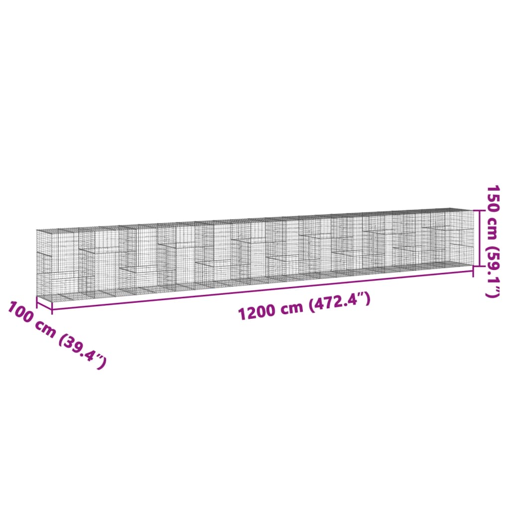 vidaXL Kosz gabionowy z pokrywą, 1200x100x150 cm, galwanizowane żelazo