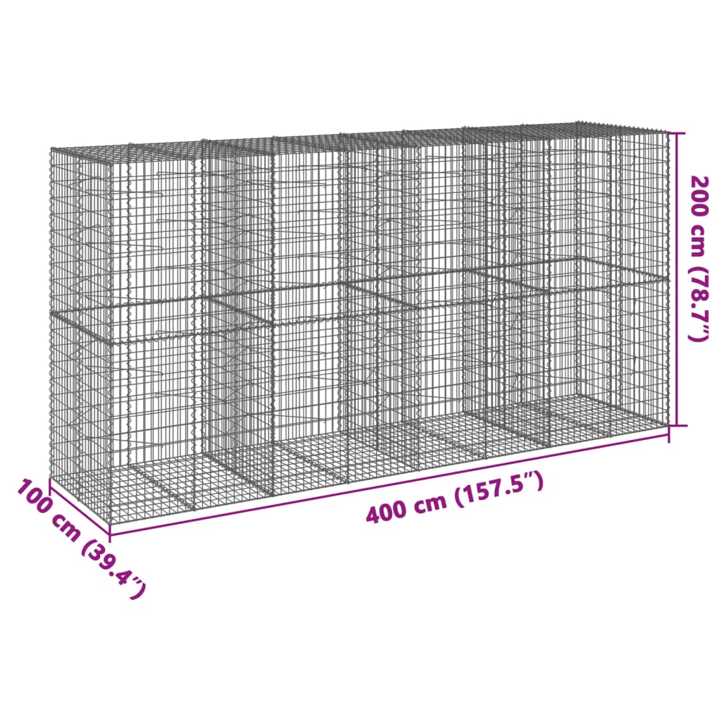 vidaXL Kosz gabionowy z pokrywą, 400x100x200 cm, galwanizowane żelazo