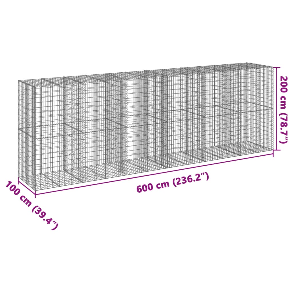vidaXL Kosz gabionowy z pokrywą, 600x100x200 cm, galwanizowane żelazo