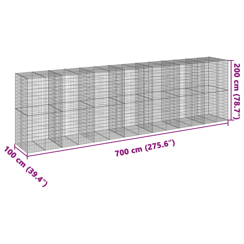 vidaXL Kosz gabionowy z pokrywą, 700x100x200 cm, galwanizowane żelazo