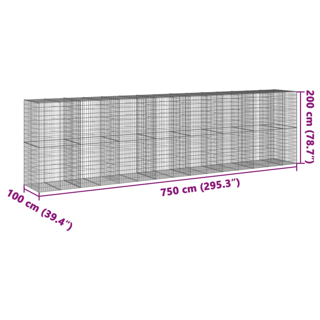 vidaXL Kosz gabionowy z pokrywą, 750x100x200 cm, galwanizowane żelazo