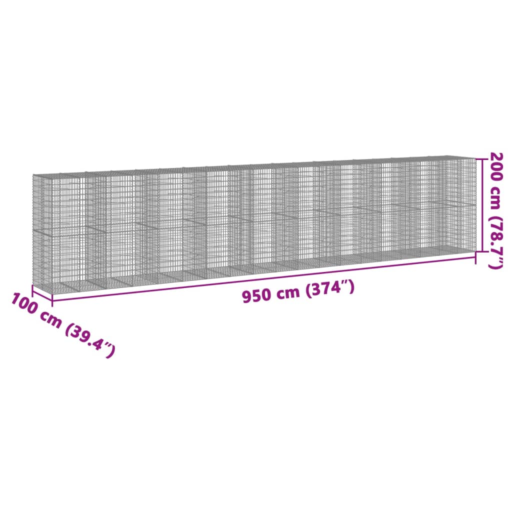 vidaXL Kosz gabionowy z pokrywą, 950x100x200 cm, galwanizowane żelazo