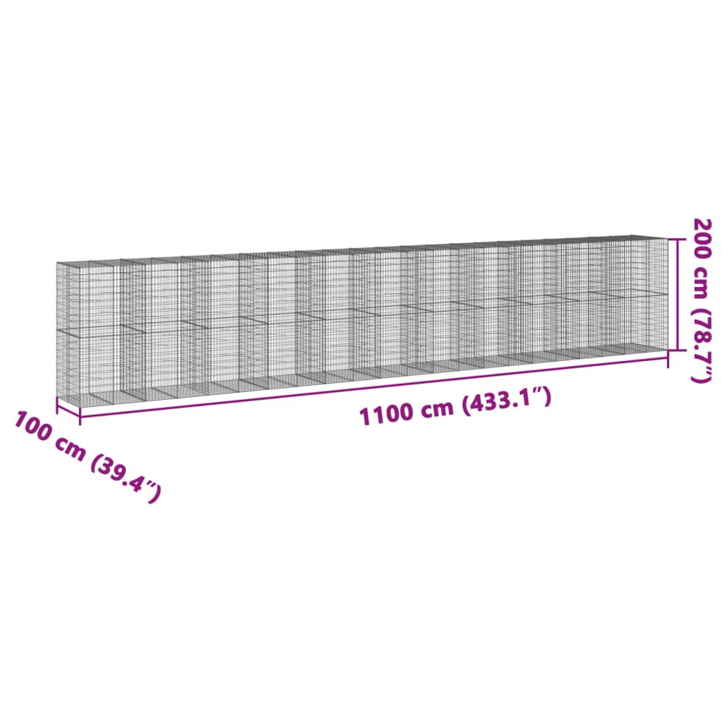 vidaXL Kosz gabionowy z pokrywą, 1100x100x200 cm, galwanizowane żelazo