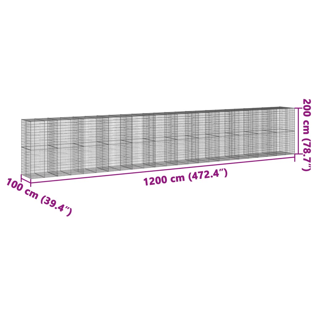 vidaXL Kosz gabionowy z pokrywą, 1200x100x200 cm, galwanizowane żelazo