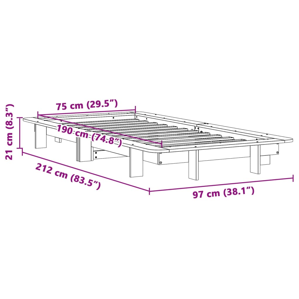 vidaXL Rama łóżka bez materaca, biała, 75x190 cm, lite drewno sosnowe