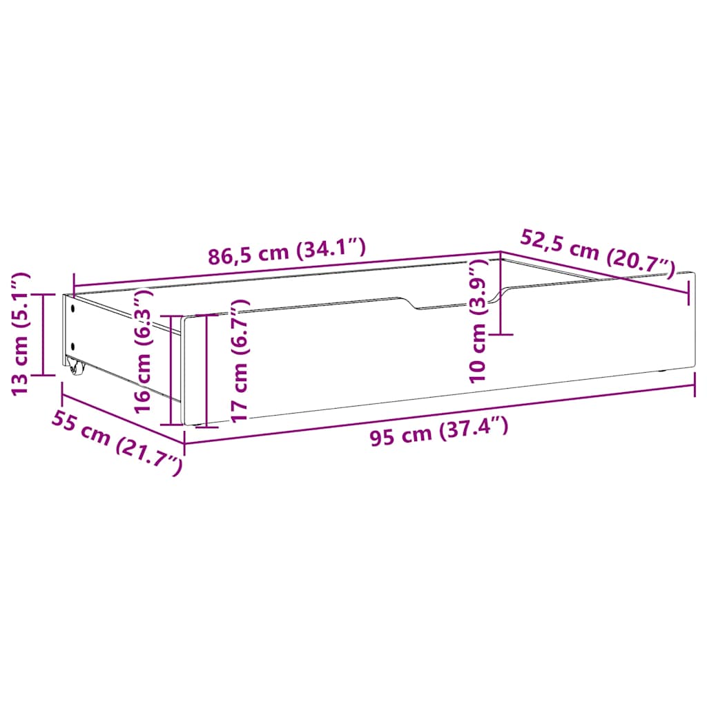 vidaXL Szuflady pod łóżko, z kółkami, 2 szt., 95x55x17 cm, sosna