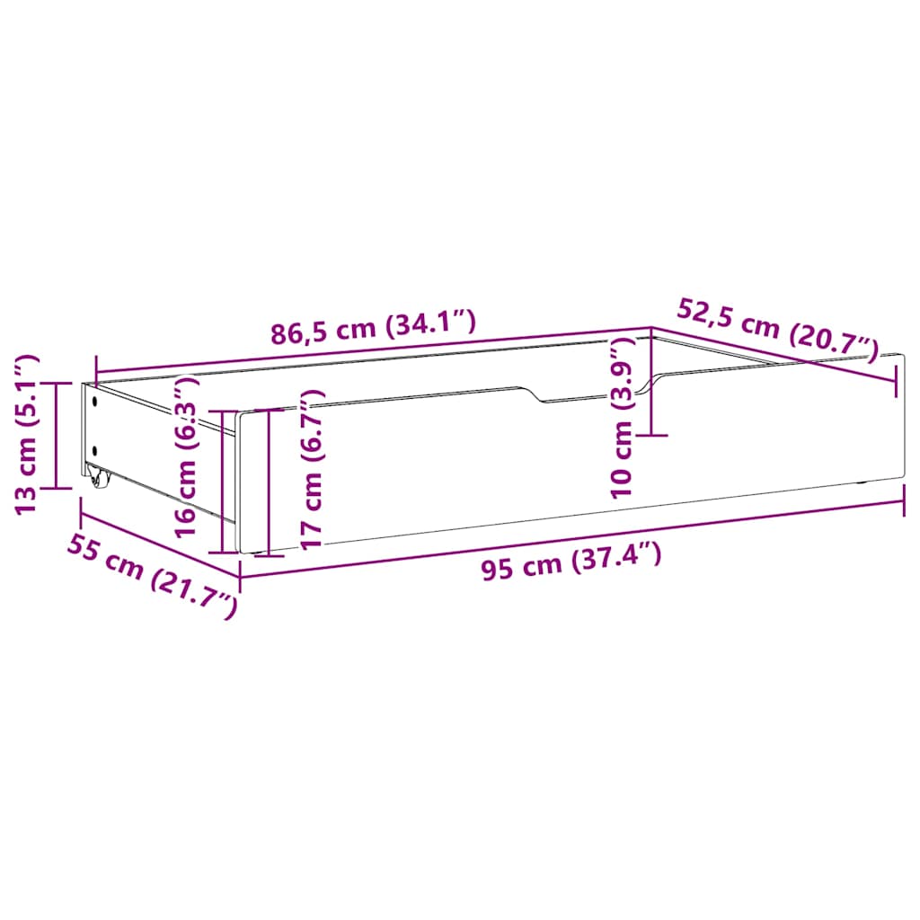 vidaXL Szuflady pod łóżko, 2 szt, białe, 95x55x17 cm, drewno sosnowe