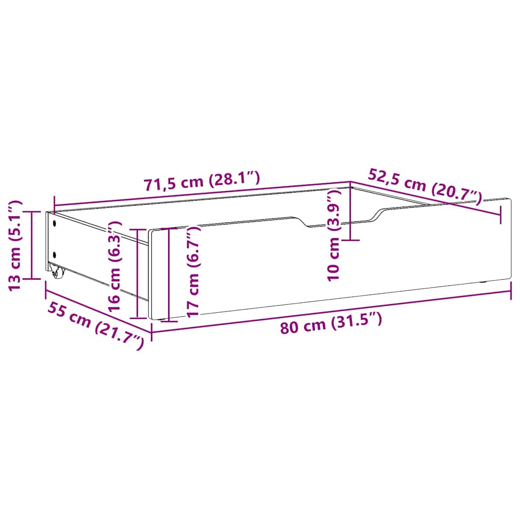 vidaXL Szuflady pod łóżko, z kółkami, 2 szt., 80x55x17 cm, sosna