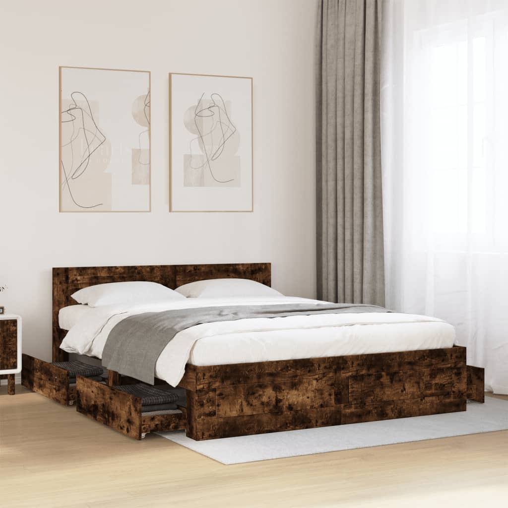 vidaXL Rama łóżka z wezgłowiem, przydymiony dąb, 160x200 cm