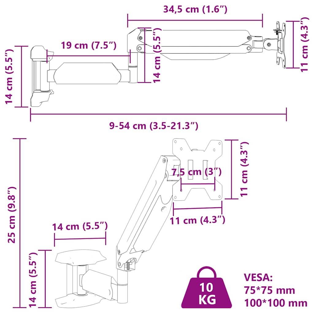 vidaXL Ścienny uchwyt do ekranu maks. 27'', sprężyna gazowa 10 kg