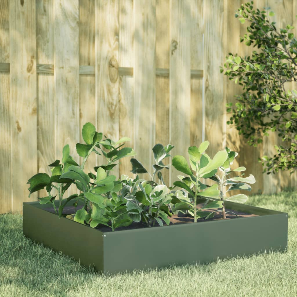 vidaXL Podwyższona donica, oliwkowa, 100x100x33,5 cm, stal