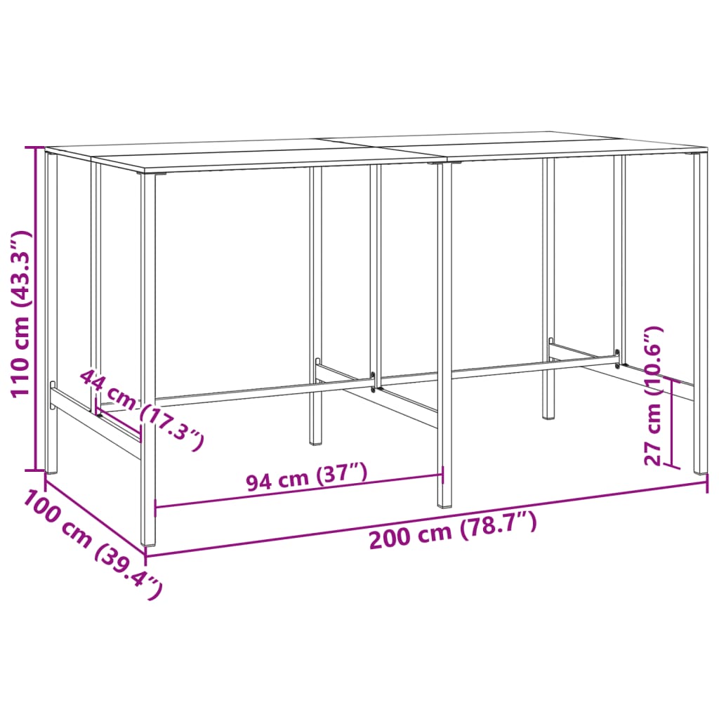 vidaXL Stolik barowy, czarny, 200x100x110 cm, malowana proszkowo stal