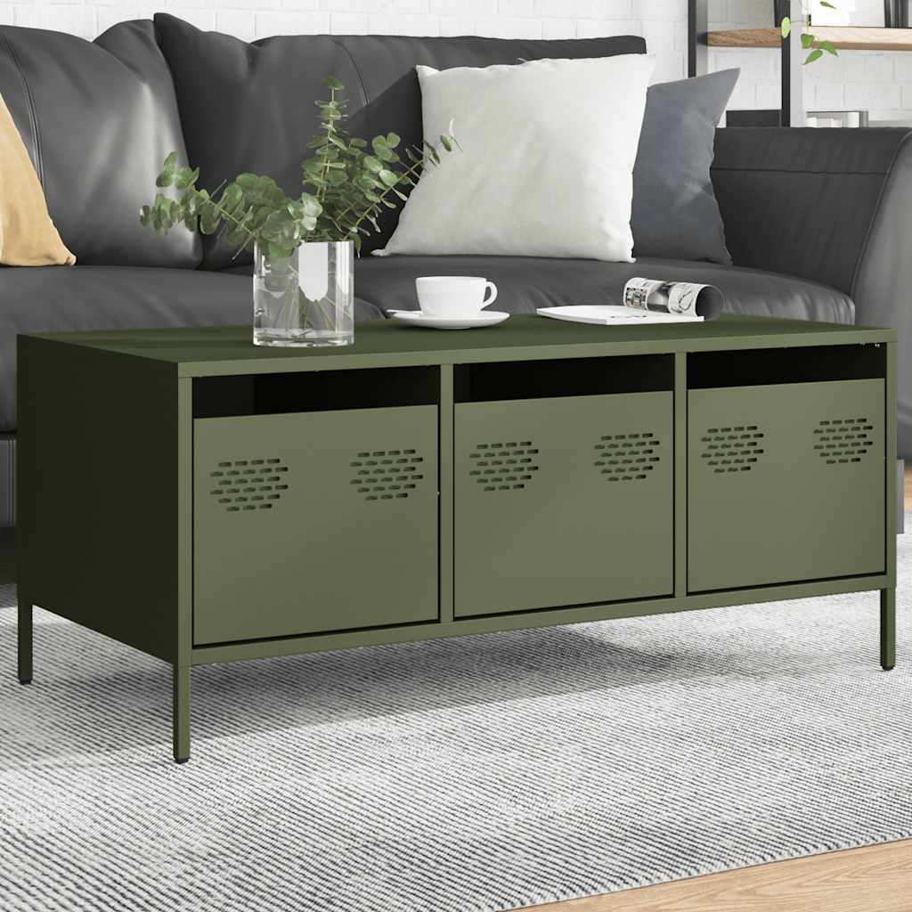 vidaXL Stolik kawowy, oliwkowy, 101,5x50x43,5 cm, stal