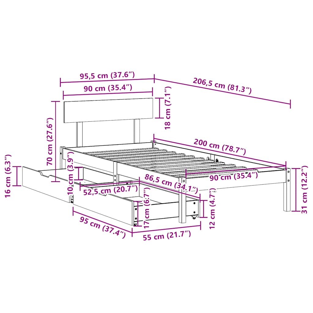 vidaXL Rama łóżka bez materaca, biała, 90x200 cm, lite drewno sosnowe