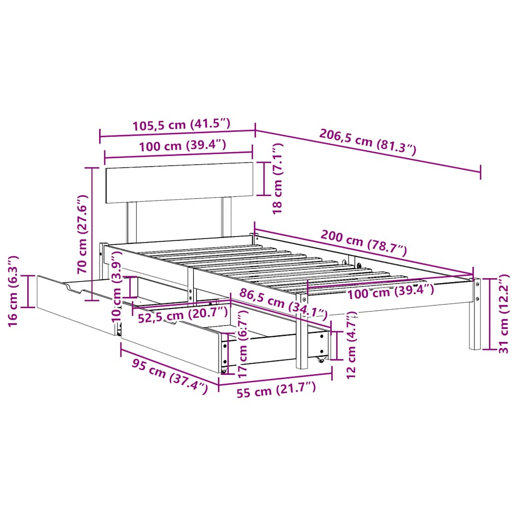 vidaXL Rama łóżka bez materaca, biała, 100x200 cm, lite drewno sosnowe