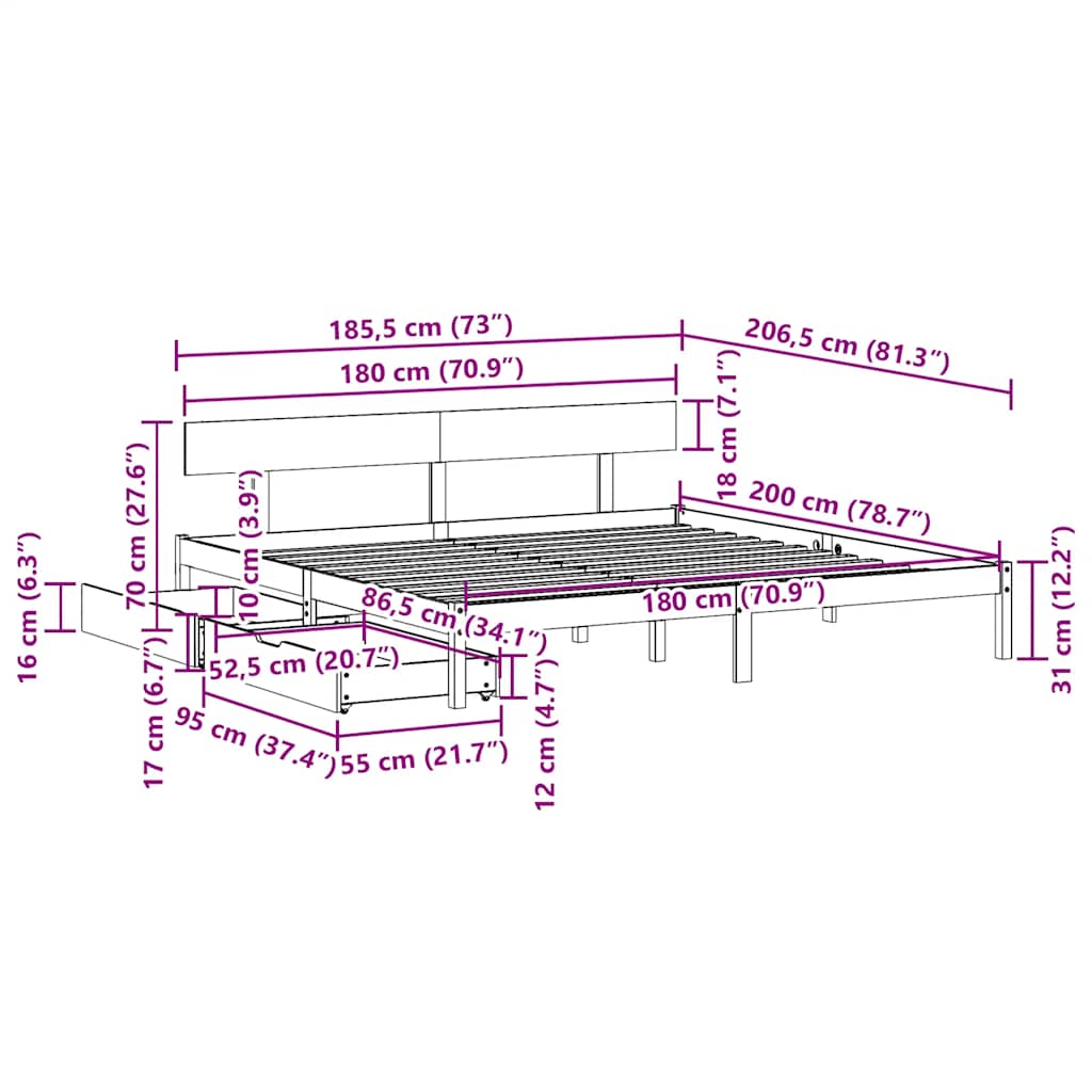 vidaXL Rama łóżka bez materaca, biała, 180x200 cm, lite drewno sosnowe