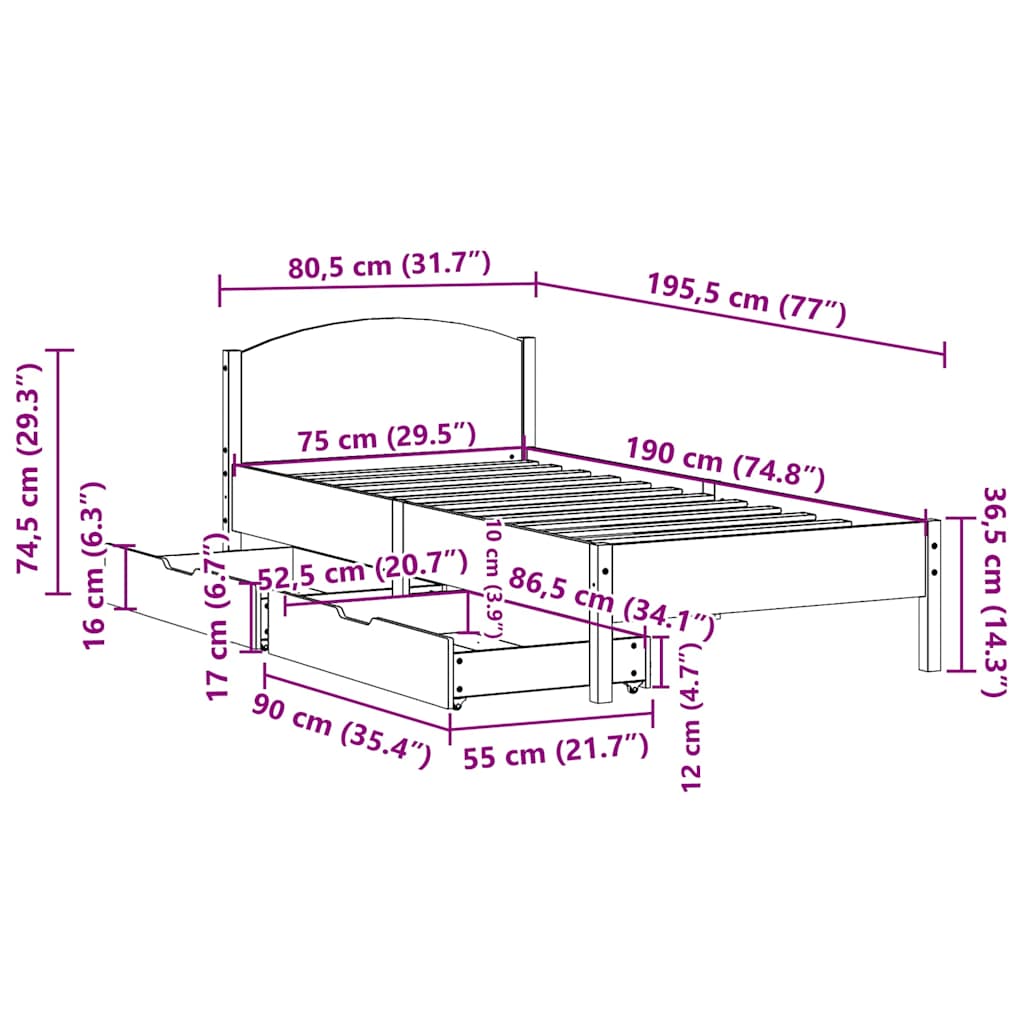 vidaXL Rama łóżka bez materaca, 75x190 cm, lite drewno sosnowe