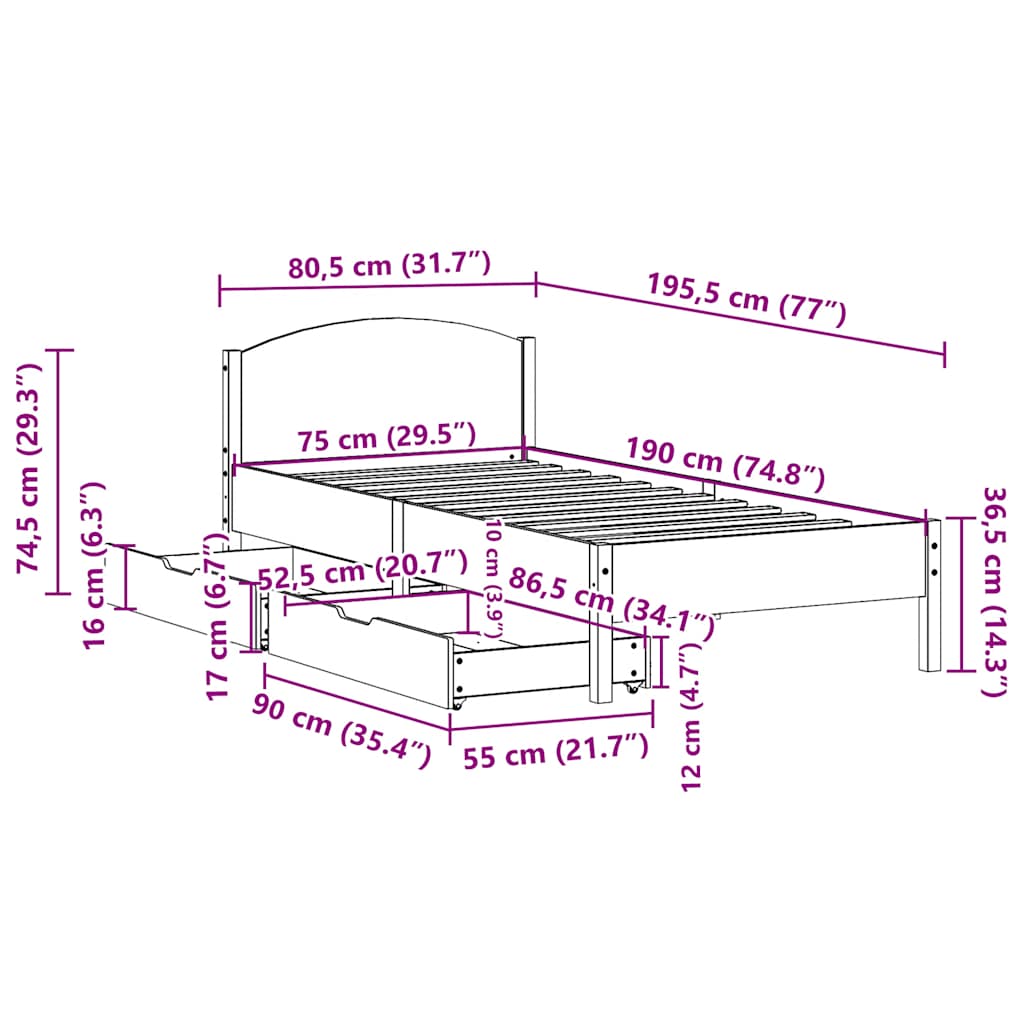 vidaXL Rama łóżka bez materaca, biała, 75x190 cm, lite drewno sosnowe