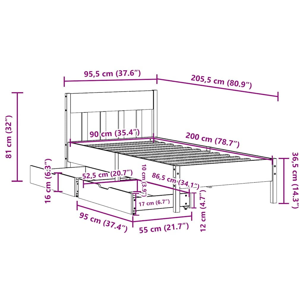 vidaXL Rama łóżka bez materaca, biała, 90x200 cm, lite drewno sosnowe