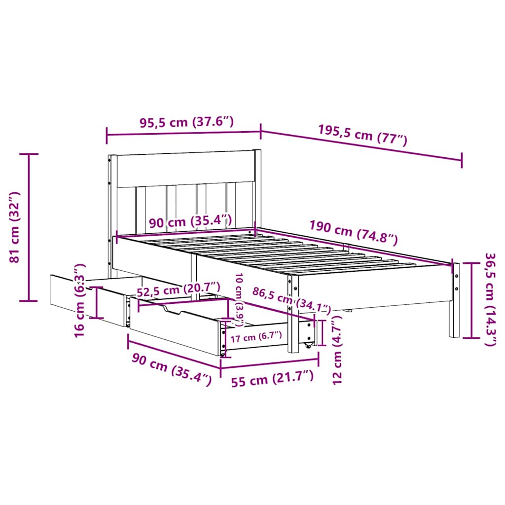 vidaXL Rama łóżka bez materaca, biała, 90x190 cm, lite drewno sosnowe