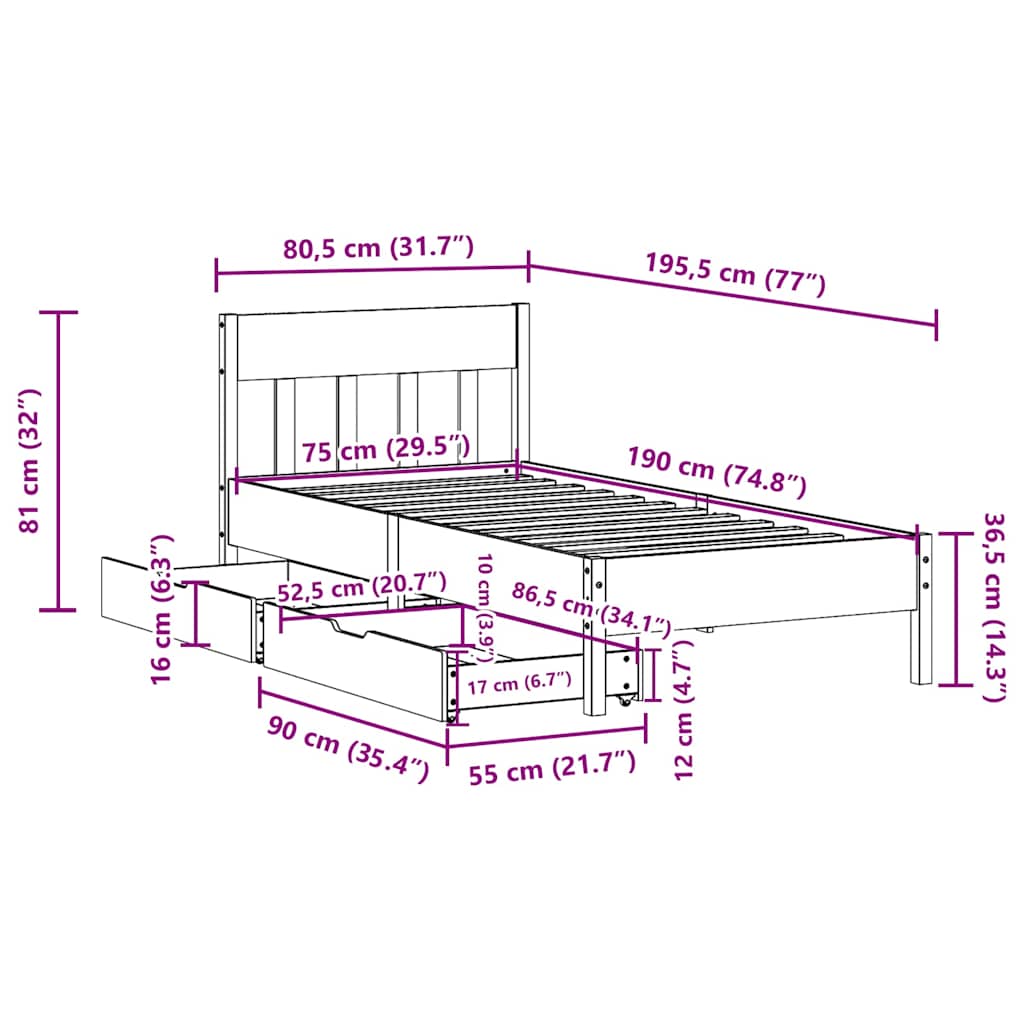 vidaXL Rama łóżka bez materaca, 75x190 cm, lite drewno sosnowe